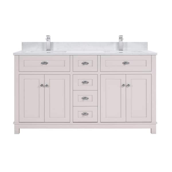 French Contemporary 60 in. 1 Freestanding Dreamy White Bath Vanity with White Artificial Stone Top Assembled Bath Vanity