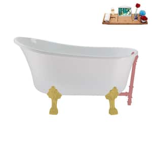 51 in. x 25.6 in. Acrylic Clawfoot Soaking Bathtub in Glossy White with Brushed Gold Clawfeet and Matte Pink Drain