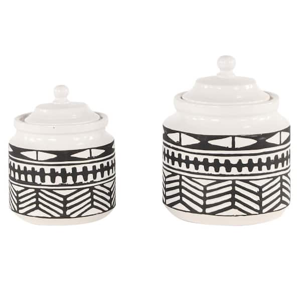 Litton Lane Black Ceramic Tribal Decorative Jars (Set of 2)