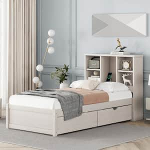 White Washed Frame Twin Size Platform Bed with USB Charging Station and Storage Headboard