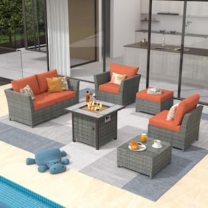 Fontainebleau Gray 7-Piece Wicker Outerdoor Patio Fire Pit Set with Orange Red Cushions
