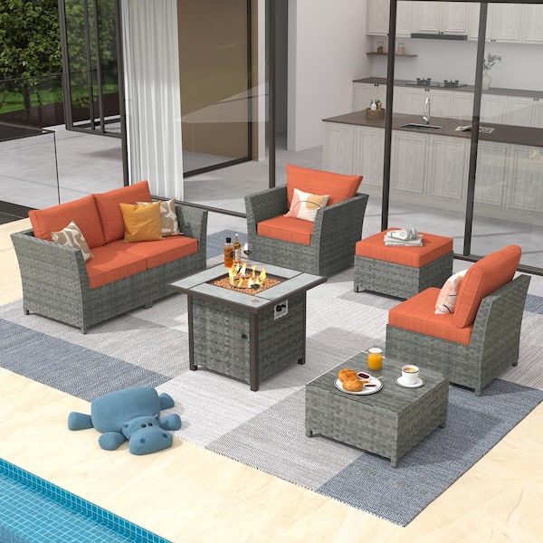 XIZZI Fontainebleau Gray 7-Piece Wicker Outerdoor Patio Fire Pit Set with Orange Red Cushions