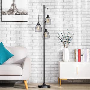 67 in. 3-Light Black Industrial Floor Lamp with Hanging Cage Shades
