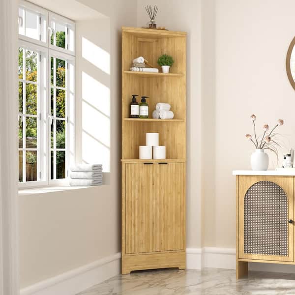 68 in. H Bamboo Corner Cabinet with Fluted Doors and Shelves, Freestanding Corner Storage Tall Cabinet, Yellow