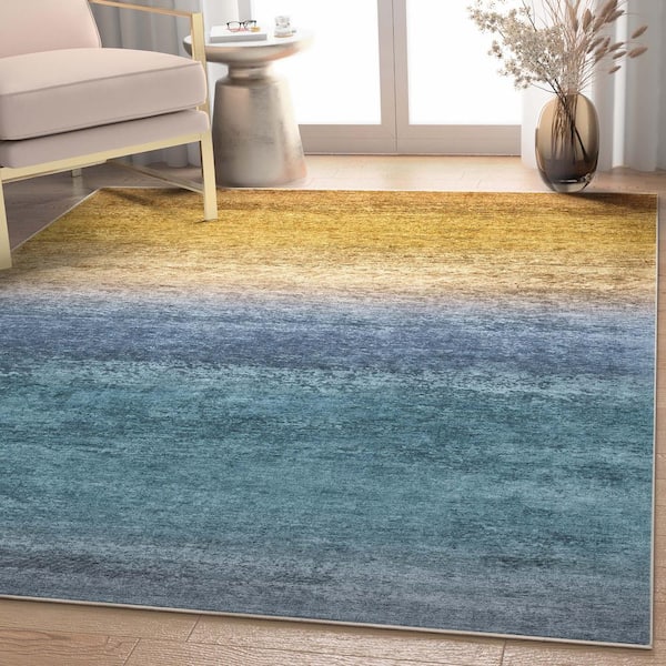 Blue Gold 7 ft. 7 in. x 9 ft. 10 in. Abstract Sunset Vintage Boho Gradient Flat-Weave Area Rug