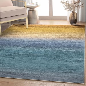 Blue Gold 9 ft. 10 in. x 13 ft. Abstract Sunset Vintage Boho Gradient Flat-Weave Area Rug