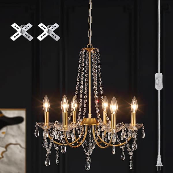 19.68 in. 6-Light Gold Modern Plug in Crystal Chandelier Lighting Fixture with 15. 75 ft. Long Plug in White Cord