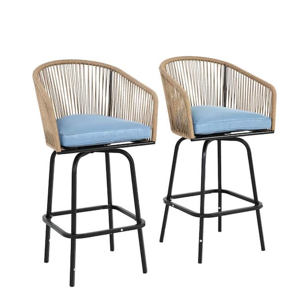 Metal Outdoor Bar Stools Set of 2, All Weather Wicker Bar Chairs with Blue Cushion for Backyard, Garden, Balcony & Deck