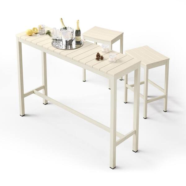 LUE BONA Humphrey 5 Piece 55 in. Cream Alu Outdoor Patio Dining Set Serving Bar Set HDPS Top With Bar Stools For Balcony Indoor