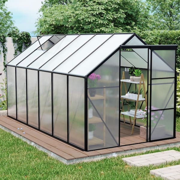 6 ft. x 12 ft. Outdoor Black Polycarbonate Greenhouse Raised Base and Anchor Aluminum Heavy-Duty Walk-in Greenhouses
