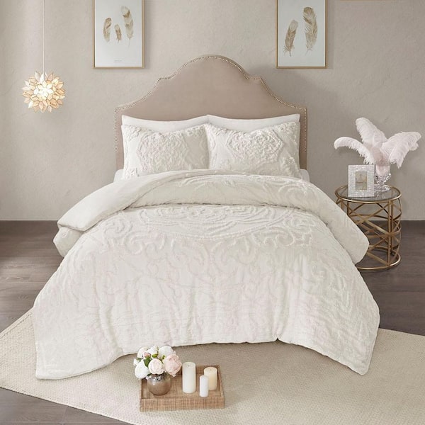 3-Piece Full/Queen Off White Boho Lifestyle Tufted 100% Cotton Chenille Medallion Duvet Cover Set and Matching Shams