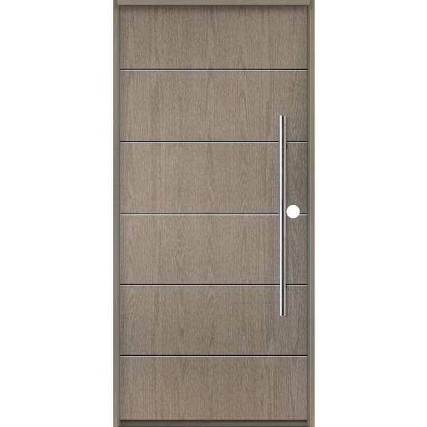 Krosswood Doors TETON Modern Faux Pivot 36 in. x 80 in. Left-Hand/Inswing Solid Panel Oiled Leather Stain Fiberglass Prehung Front Door