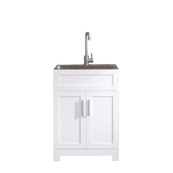 ANGELES HOME 24 in. x 18 in. x 34 in. MDF White Paint Free Laundry Tub Cabinet with Stainless Steel Combo