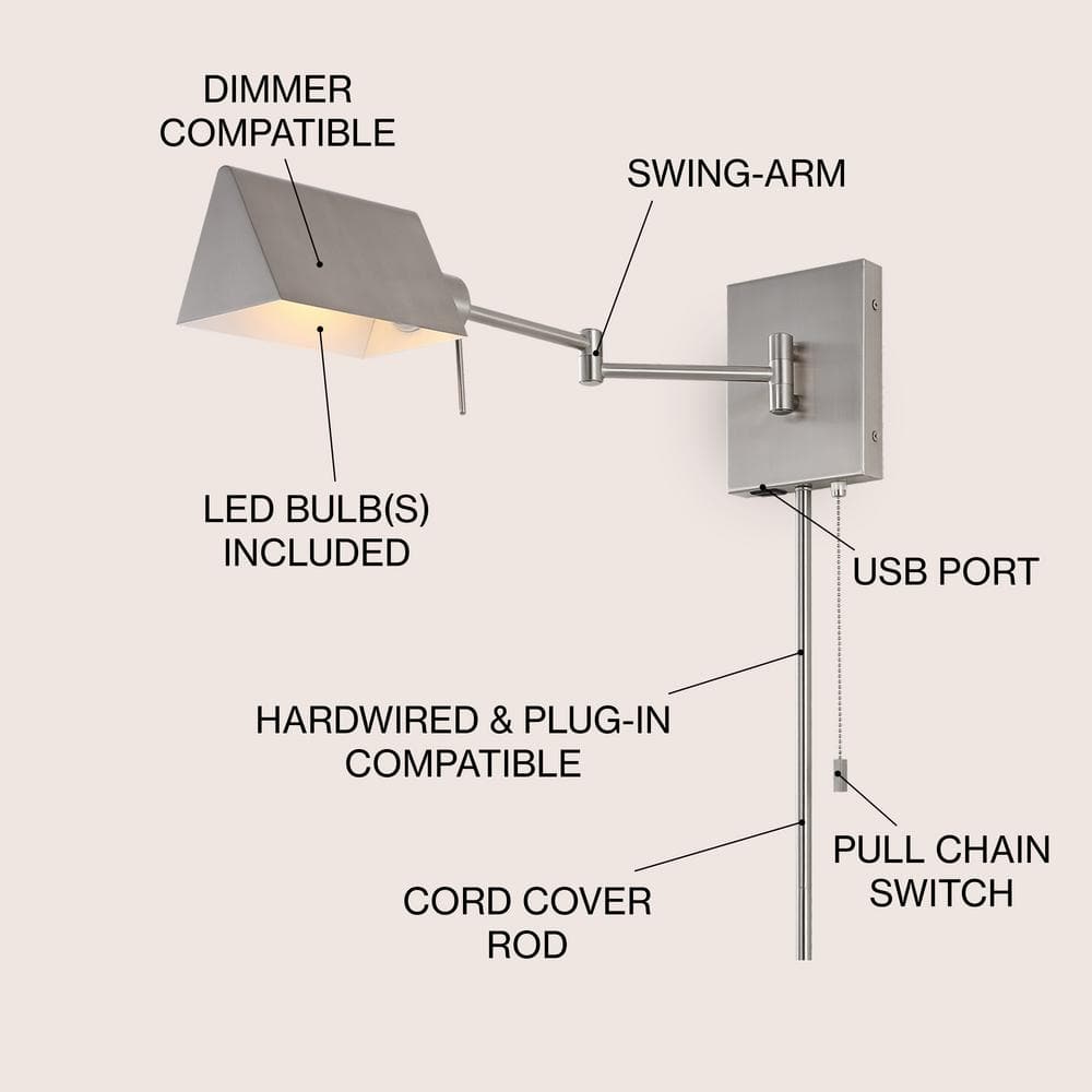 Nickel 22" Dimmable Swing Arm Wall Sconce with USB Port