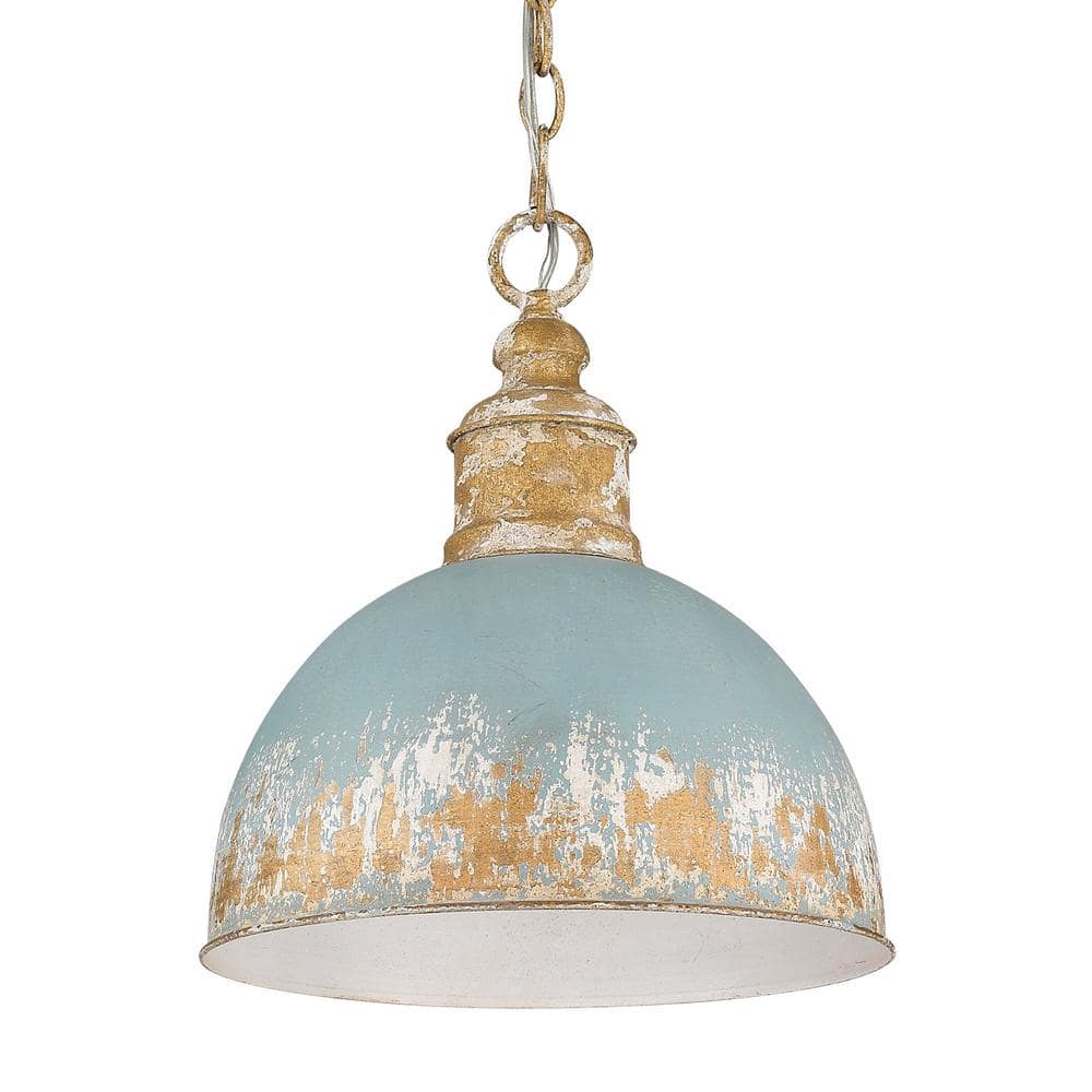 Alison Vintage Gold Bowl Pendant with Antique Teal Shade - 12"