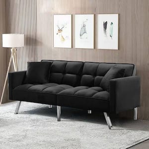 74 in. Black Velvet 2-Seater Loveseat Convertible Sofa Bed with 2 Pillows