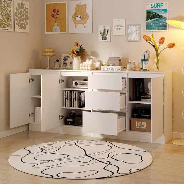 White Sideboard Buffet Cabinet with 3 Doors and 3 Drawers, 70.9in. Chest of Drawers Bedroom Storage Organizer