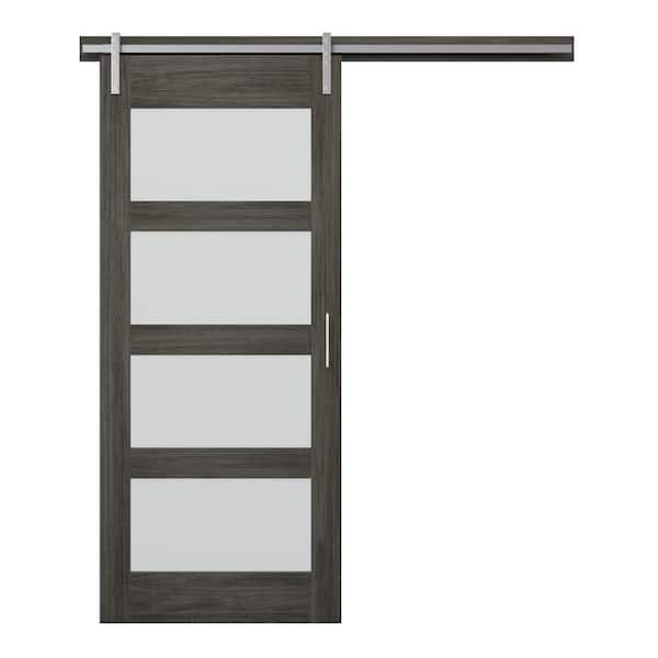 Twin Star Home 36 in. x 84 in. 4 Lite Full Frosted Glass Crete Oak MDF Sliding Barn Door with Hardware Kit