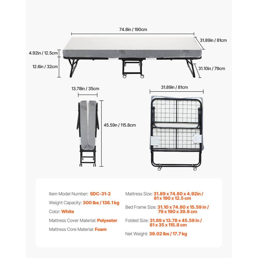 Twin Size Black Metal Rollaway Bed with White Foam Mattress