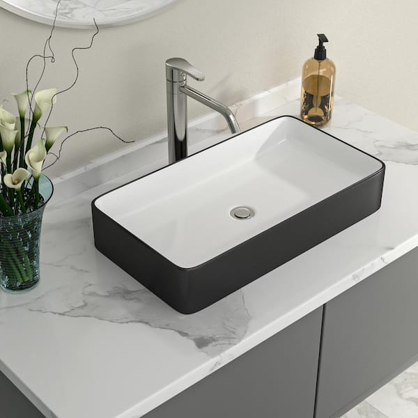 24 in. Rectangular Ceramic Bathroom Vessel Sink Above Counter Art Basin in Black
