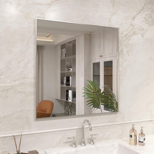 30 in. W x 30 in. H Rectangular Framed Wall Bathroom Vanity Mirror in Brushed Nickel