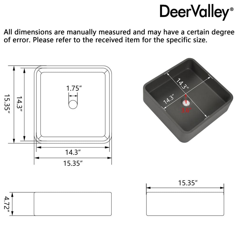 Black Square Concrete Above-Counter Vessel Bathroom Sink