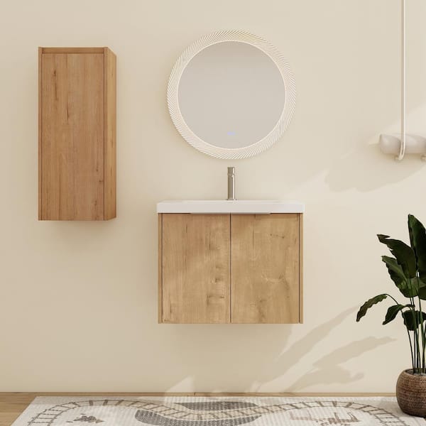 ARTCHIRLY 23.6 in. W x 18.1 in. D x 19.3 in. H Wall-Mounted Bath Vanity in Light Brown with White Resin Vanity Top