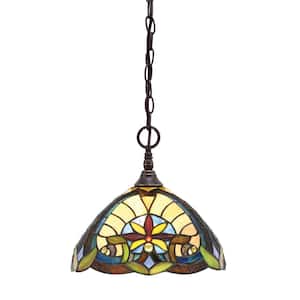 Elva 100-Watt 1_light Dark Granite Shaded Pendant Light with 12 in. Earth Star Art glass Shade, No Bulb Included