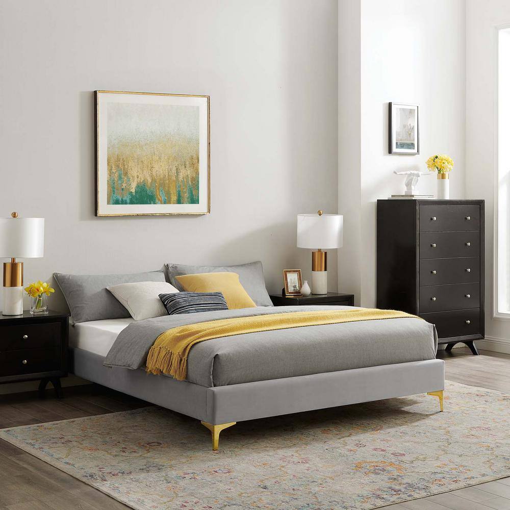 Sutton Full Performance Velvet Light Gray Bed Frame with Gold Legs