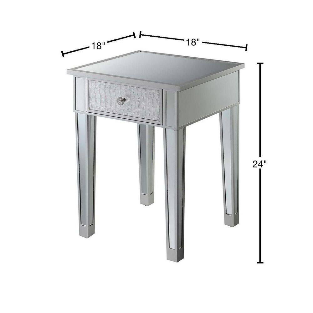 Silver Mirrored Glass and Gray Wood End Table with Drawer