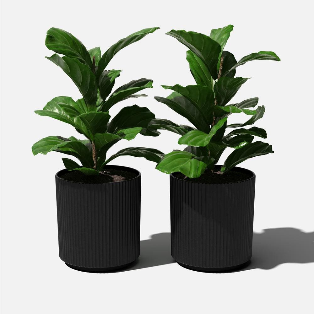 Demi 20" Black Plastic-Stone Round Planter Set - 2 Pack