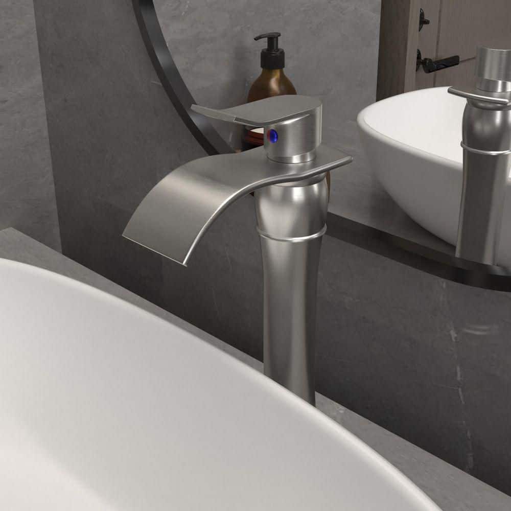 Brushed Nickel Waterfall Vessel Bathroom Faucet with Pop-Up Drain