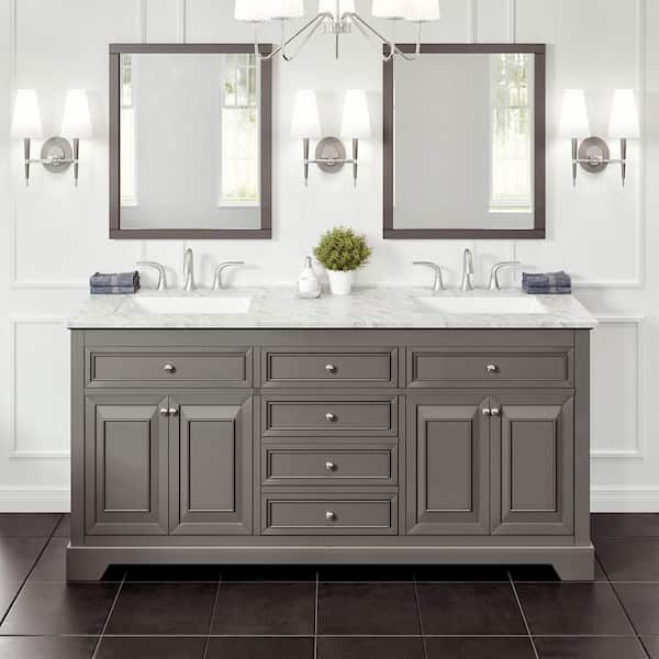 Eviva Monroe 72 in. W x 22 in. D x 33.75 in. H Bath Vanity in Gray with White Carrara Marble Top
