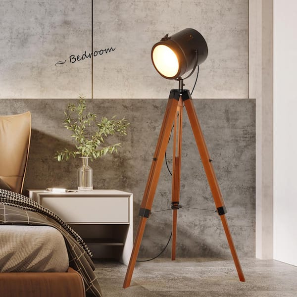 Zompoo 55 in. 1-Light Black Wood Adjustable Height Tripod Floor Lamp for Living Room with Round Rotatable Shade and Foot Switch