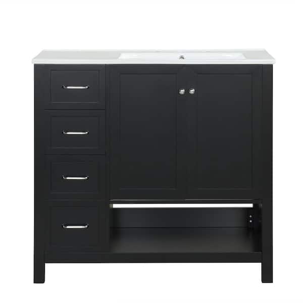 JimsMaison 36 in. W x 18 in. D x 34 in. H Freestanding Bath Vanity in Black with White Ceramic Top