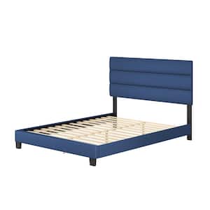 Piedmont Upholstered Faux Leather Tri-Panel Channel Headboard Platform Bed Frame, Queen, Blue