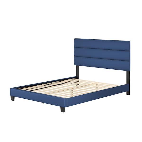 Boyd Sleep Piedmont Upholstered Faux Leather Tri-Panel Channel Headboard Platform Bed Frame, Queen, Blue