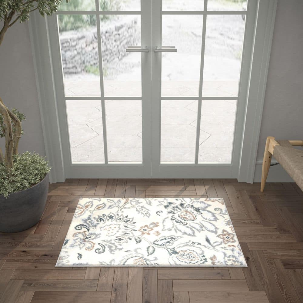 Madison Cream Floral Rectangular Synthetic Area Rug 2x3