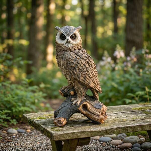 19 in. Lifelike Owl Garden Statue, Resin Sculpture with Bark Base