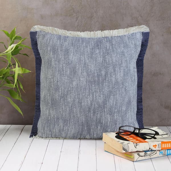 LR Home Unique Navy Blue White 20 in. x 20 in. Neutral Fringe 2-Tone Cotton Indoor Throw Pillow
