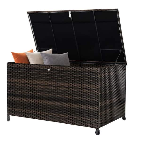 120 Gal. Outdoor Brown Wicker Storage Deck Box Waterproof, Resin Rattan for Patio Garden Furniture Outdoor