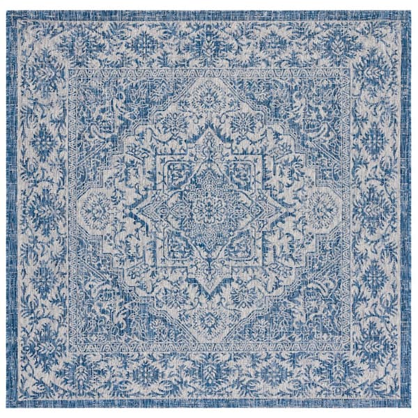 Courtyard Navy/Light Gray 7 ft. x 7 ft. Border Medallion Floral Indoor/Outdoor Square Area Rug