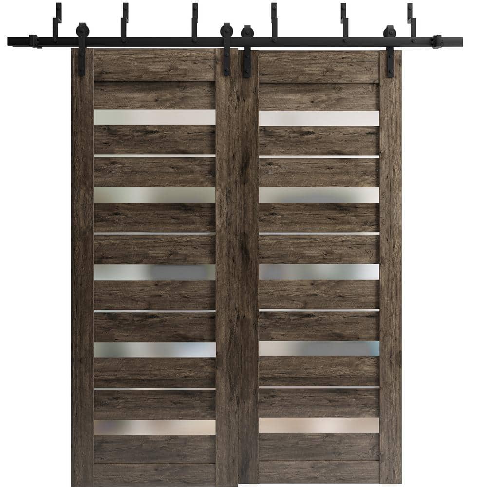 36 in. x 84 in. 2 Panel Frosted Glass Cognac Oak Wood Sliding Barn Door with Hardware Kit price history on PriceWatchPro