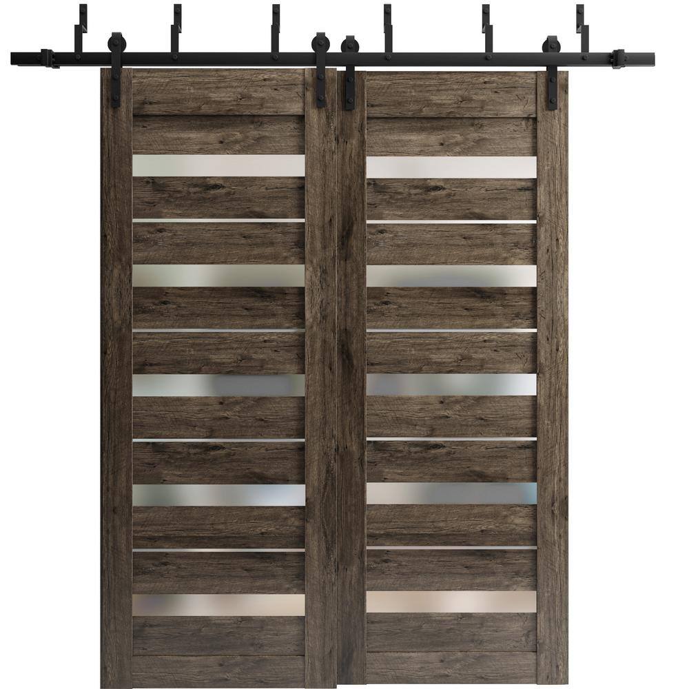 72 in. x 96 in. 2 Panel Frosted Glass Cognac Oak Wood Sliding Barn Door with Hardware Kit price history on PriceWatchPro