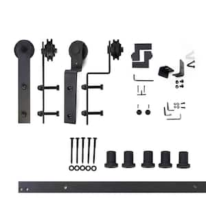 7 ft./84 in. Black Rustic Single Track Bypass Sliding Barn Door Hardware Kit Straight Design Roller for Double Doors