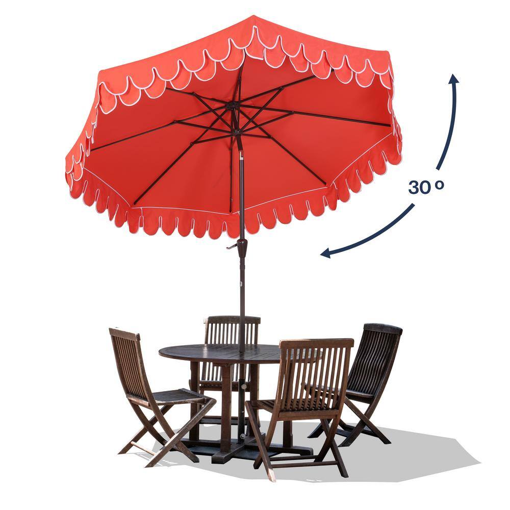 Coral Red 9 ft. Scalloped Fringe Patio Umbrella with Auto-Tilt