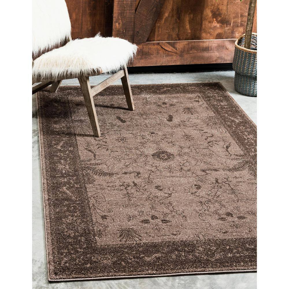 La Jolla Easy-Care Floral Brown Synthetic Area Rug, 7x10 ft