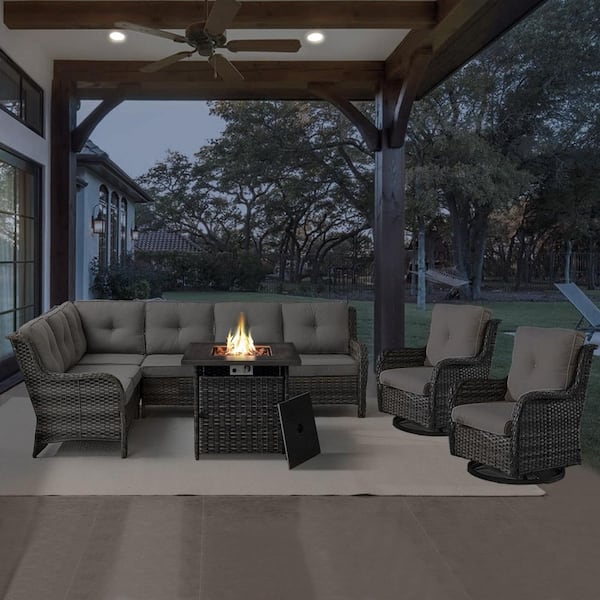 Gray 4-Piece Wicker Patio Fire Pit Set, Outdoor Sectional Seating Set with Olefin Gray Cushions and Swivel Rockers