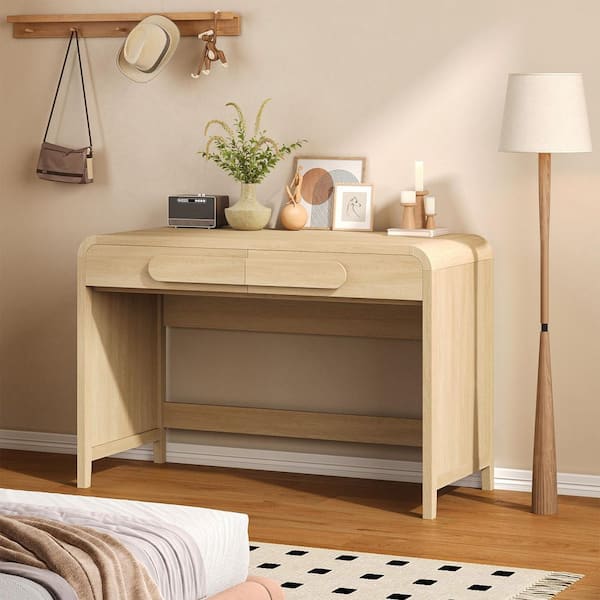 45 in. Rectangular Coastal Oak Wood Waterfall Writing Desk with 2 Storage Sliding Drawers and Curved Statement Pulls