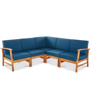 Lilian Teak Finish 5-Piece Wood Outdoor Sectional Set with Blue Cushions